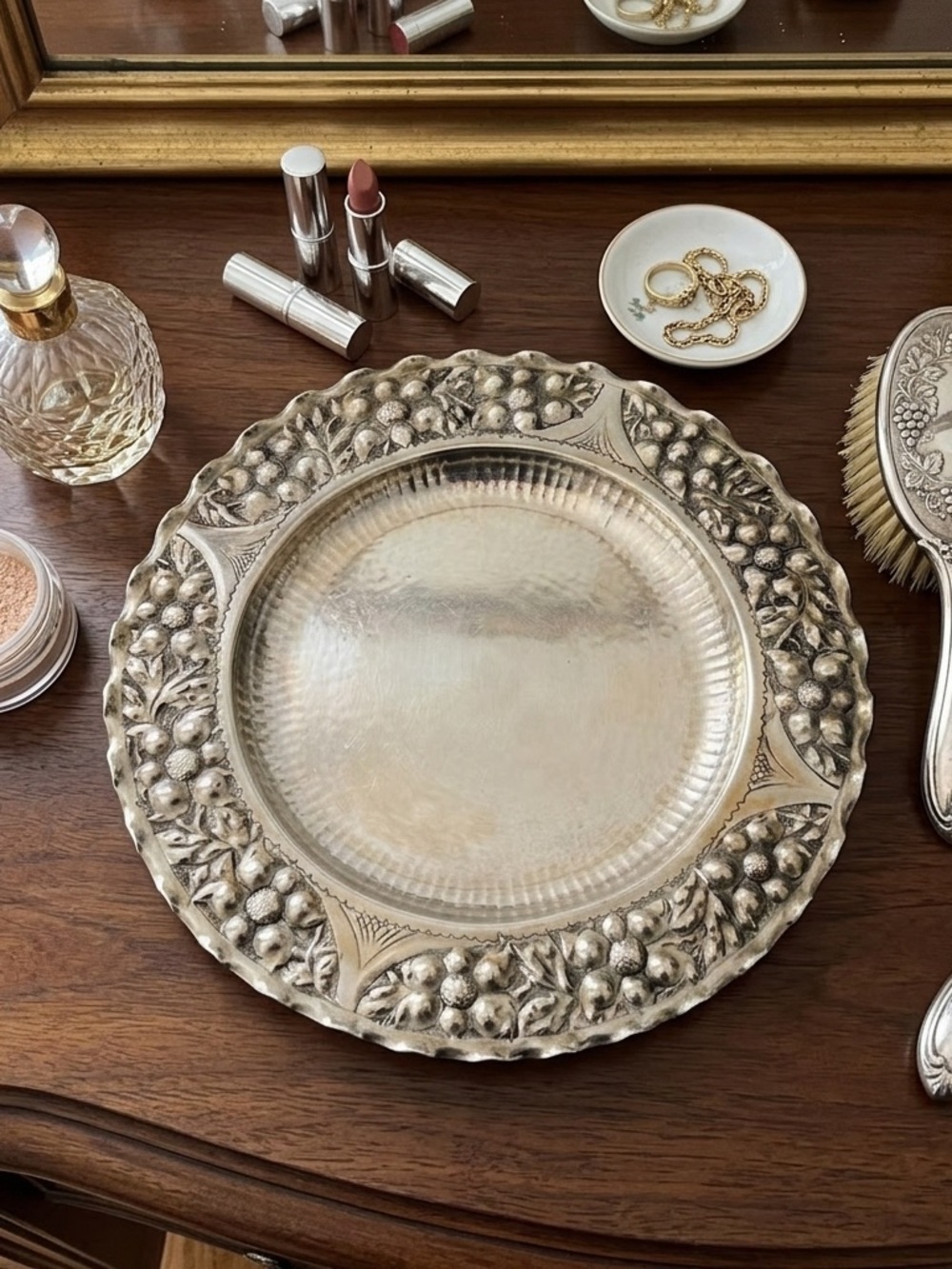 Vintage Hammered Ornate Neo Baroque Repoussé Border Silver Plate Dish